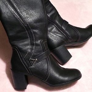 EUC black faux leather heeled boots